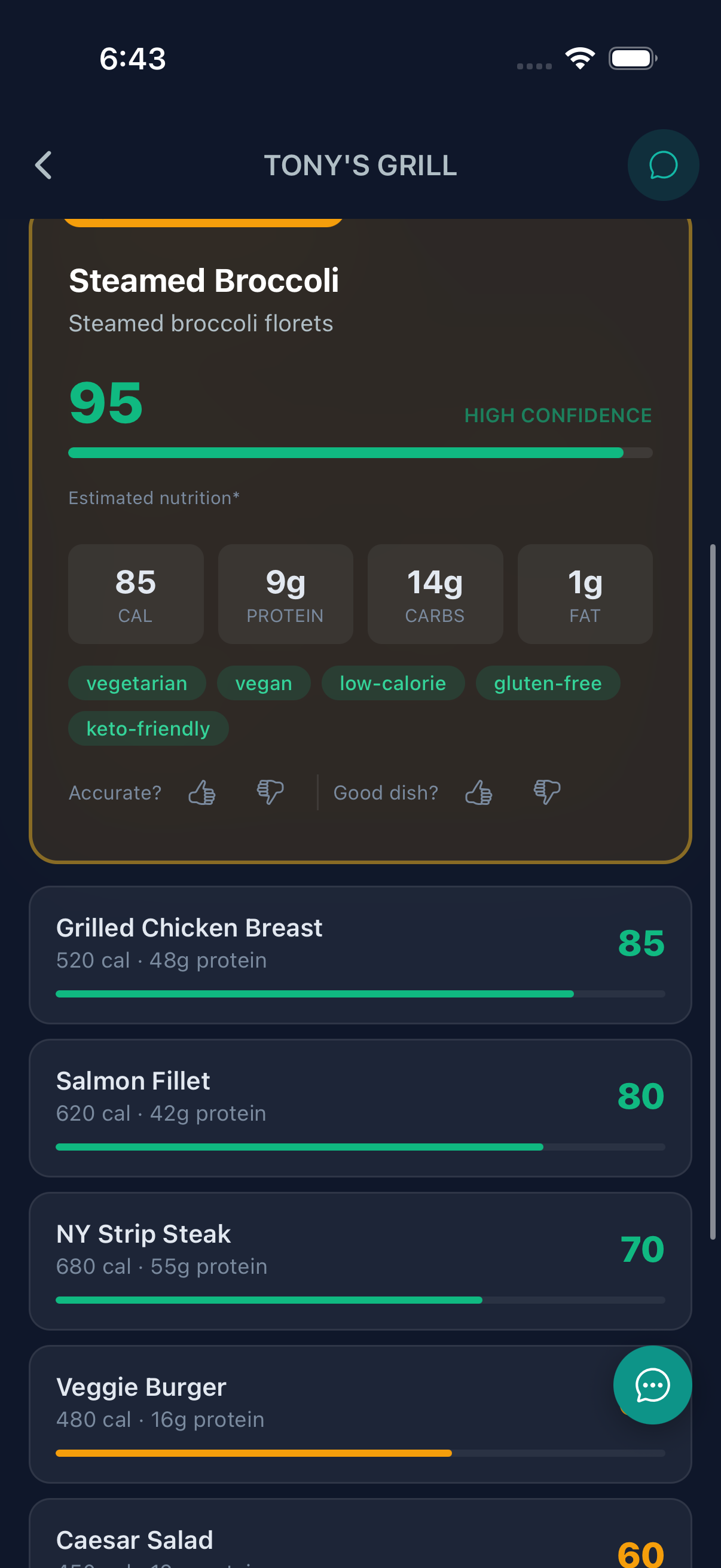 MenuScout results showing AI health scores for every dish
